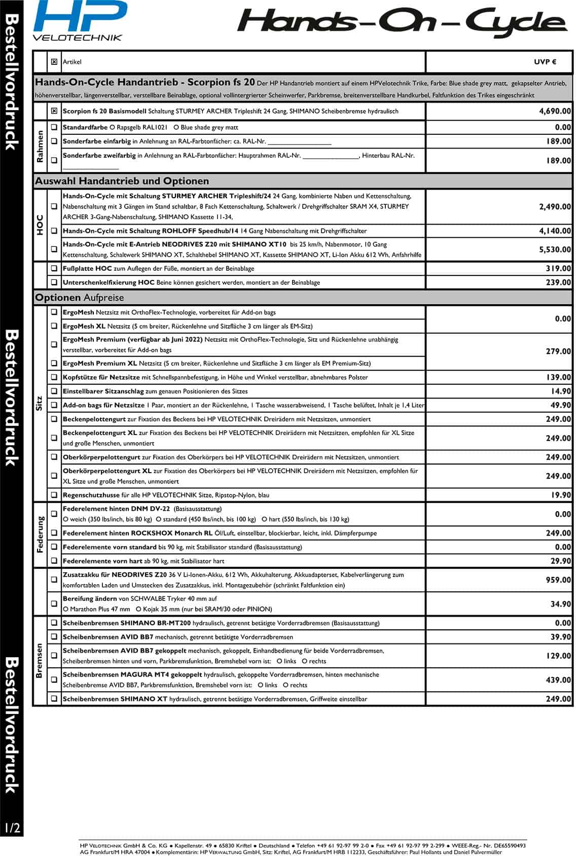 HP Velotechnik Hands-On-Cycle Scorpion fs 20 Bestellvordruck Ordersheet