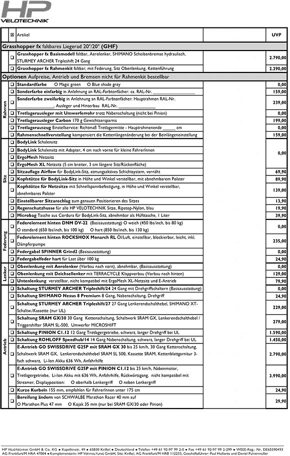 preislisten preise price lists recumbent bikes trikes liegerad dreirad HP Velotechnik